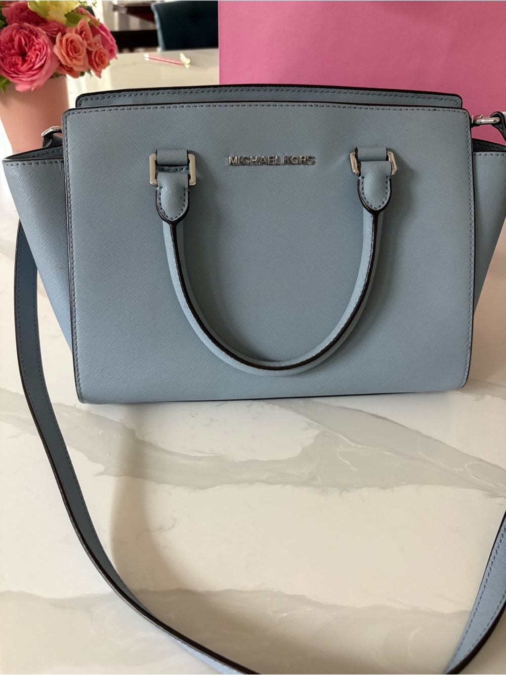Michael Kors Selma Leather Satchel Purse Light Blue removable crossbody strap